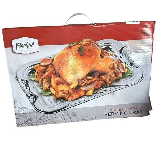 Parini 21" Stainless Steel Serving Tray Decorative Handles Elegant Design - Picture 5 of 8